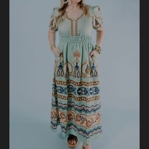 Mint Green Boho Maxi Dress with Embroidered Print